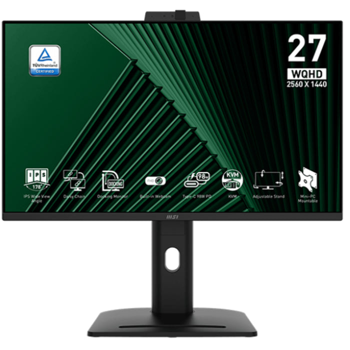 MSI Pro MP275QPDG 27" QHD 100Hz USB-C Docking Business Monitor with Webcam and Daisy Chain 2560x1440 - 2x HDMI- DisplayPort - USB-C 98W - RJ45 - Webcam - Speakers - Height Adjustable - 100x100 VESA - Internal Power