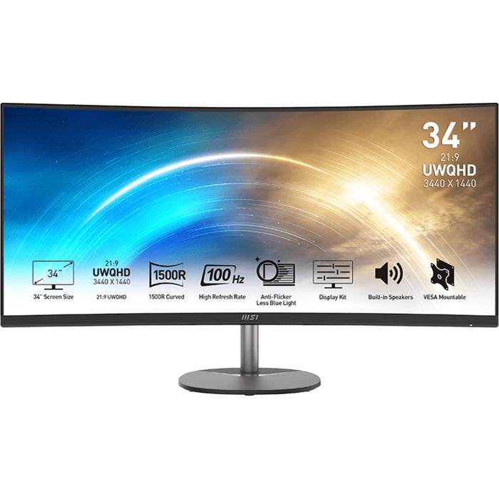 MSI Pro MP341CQ 34" Ultrawide Curved Business Monitor 3440x1440 - DisplayPort - HDMI - 1500R - Speakers - 100x100 VESA