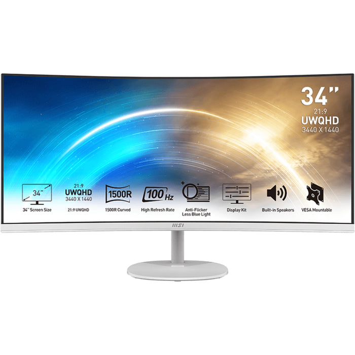 MSI Pro MP341CQW 34" Ultrawide Curved Business Monitor - White Color 3440x1440 - DisplayPort - HDMI - 1500R - Speakers - 100x100 VESA