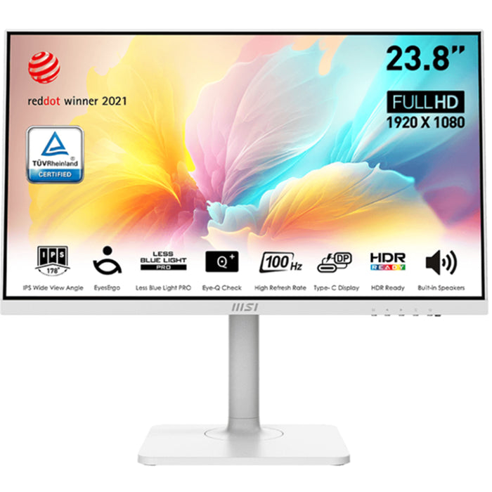 MSI Modern MD2412PW 24" FHD Business Monitor - White 1920x1080 - IPS - HDMI - USB-C 15W - Speaker - Anti-Flicker - 110% sRGB - Height / Pivot / Swivel / Tilt Adjustable - 75x75 VESA