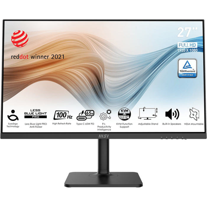 MSI Modern MD272XP 27" FHD Sleek & Ultra-Slim USB-C Premium Business Monitor 1920x1080 - IPS Panel - HDMI - DisplayPort - USB-C 65W PD  - USB Hub - KVM - Speakers - Height Adjustable - 75x75 VESA