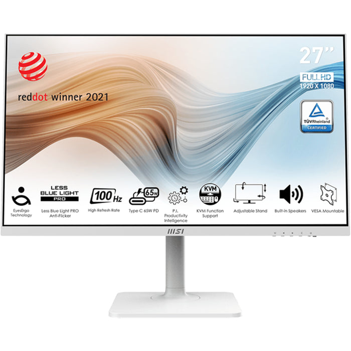 MSI Modern MD272XPW 27" FHD Sleek & Ultra-Slim USB-C Premium Business Monitor - White 1920x1080 - IPS Panel - HDMI - DisplayPort - USB-C 65W PD  - USB Hub - KVM - Speakers - Height Adjustable - 75x75 VESA