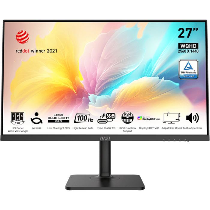 MSI Modern MD272QXP 27" QHD Sleek & Ultra-Slim USB-C Premium Business Monitor 2560x1440 - IPS Panel - HDR400 - HDMI - DisplayPort - USB-C 65W PD  - USB Hub - KVM - Speakers - Height Adjustable - 75x75 VESA