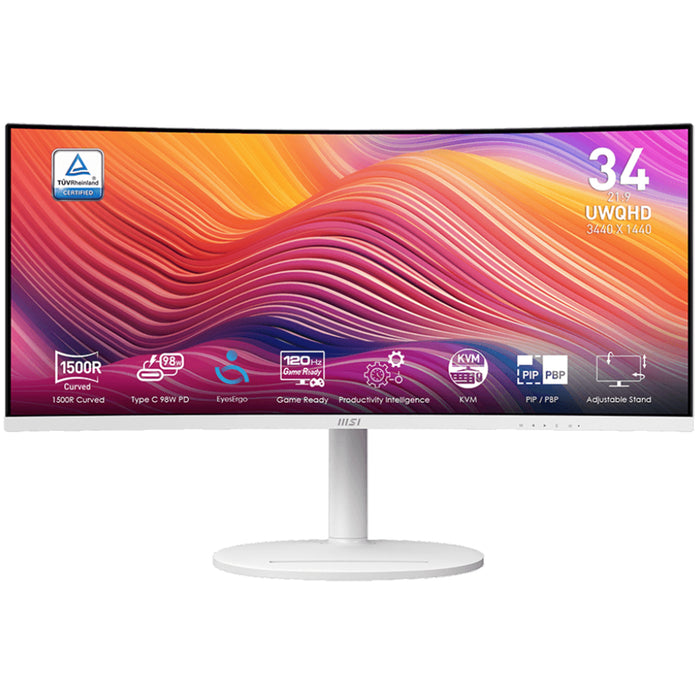 MSI Modern MD342CQPW 34" Ultrawide Curved USB-C Business Monitor - White 3440x1440 - DisplayPort - HDMI - USB-C 98W PD - USB Hub - KVM - Speakers - Height Adjustable Stand - 75x75 VESA