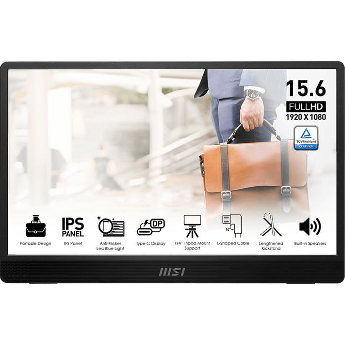 MSI Pro MP161 E2 15.6" FHD Portable Monitor 1920x1080 - IPS - Mini HDMI - 2x USB-C 15W - Anti-glare - 0.75kg - with Ergonomically Designed Fold-Out Kickstand