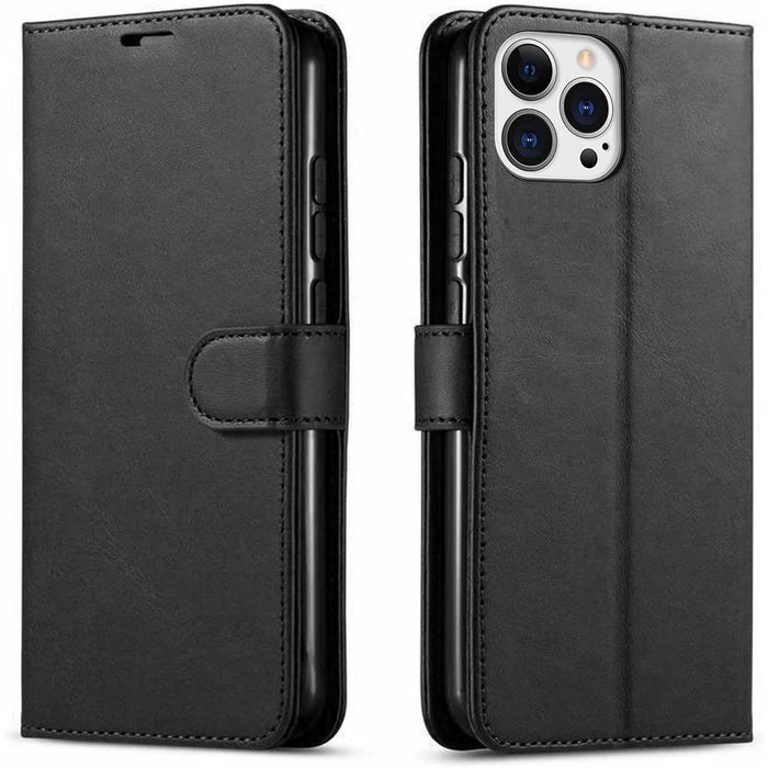 iPhone 15 Pro Flip Wallet Case - Black 3 Card Slots - Cash Compartment - Magnetic Clip