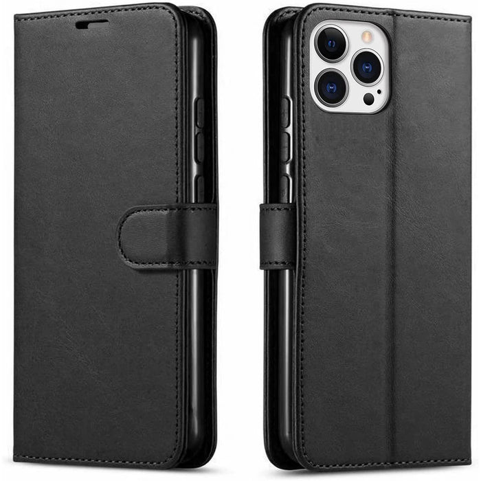 iPhone 12/12 Pro Flip Wallet Case - Black 3 Card Slots - Cash Compartment - Magnetic Clip