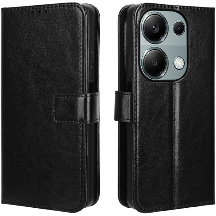 Redmi Note 13 LTE (2024) Flip Wallet Case - Black 3 Card Slots - Cash Compartment - Magnetic Clip