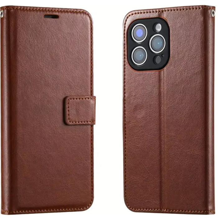 iPhone 12/12 Pro Flip Wallet Case - Brown 3 Card Slots - Cash Compartment - Magnetic Clip