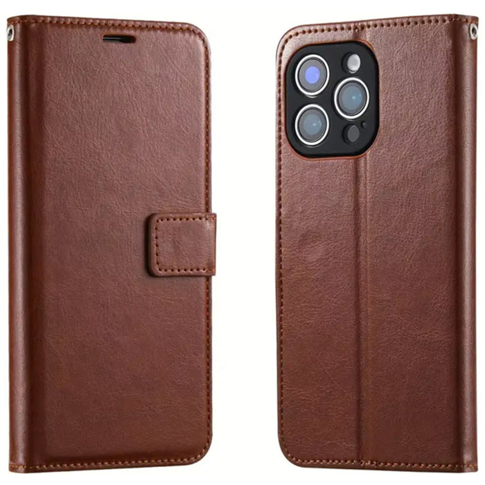 iPhone 13 Pro Flip Wallet Case - Brown 3 Card Slots - Cash Compartment - Magnetic Clip