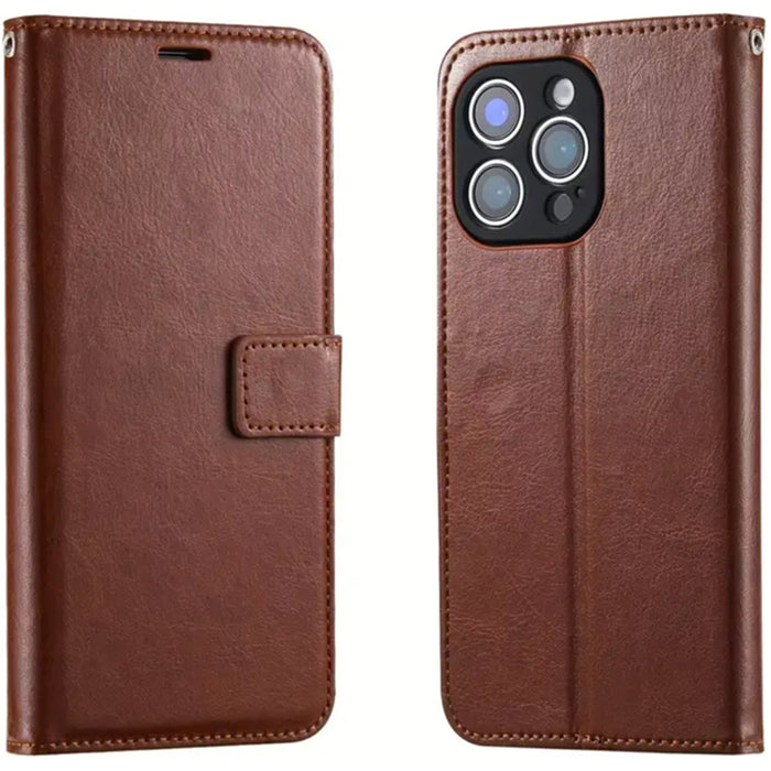 iPhone 14 Pro Flip Wallet Case - Brown 3 Card Slots - Cash Compartment - Magnetic Clip