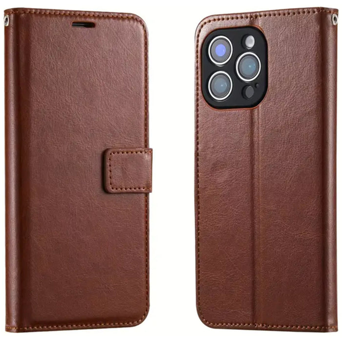 iPhone 14 Pro Max Flip Wallet Case - Brown 3 Card Slots - Cash Compartment - Magnetic Clip