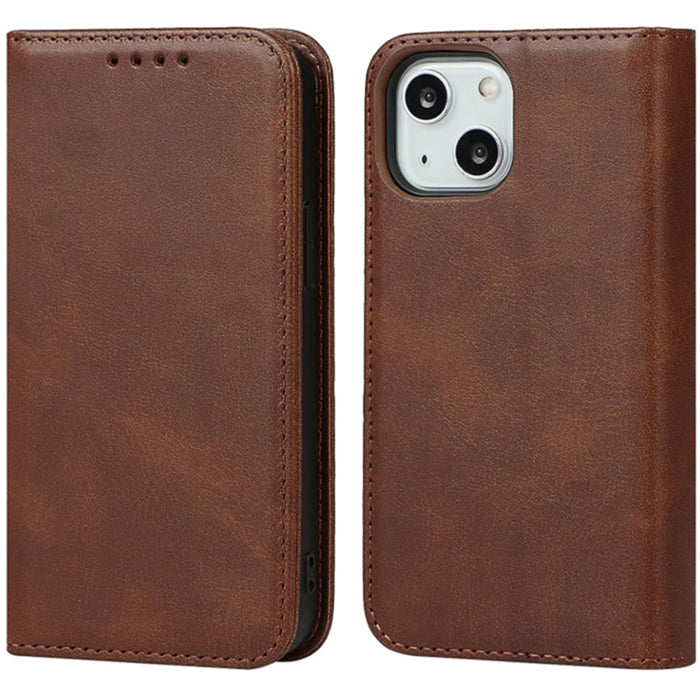 iPhone 15 Flip Wallet Case - Brown 3 Card Slots - Cash Compartment - Magnetic Clip