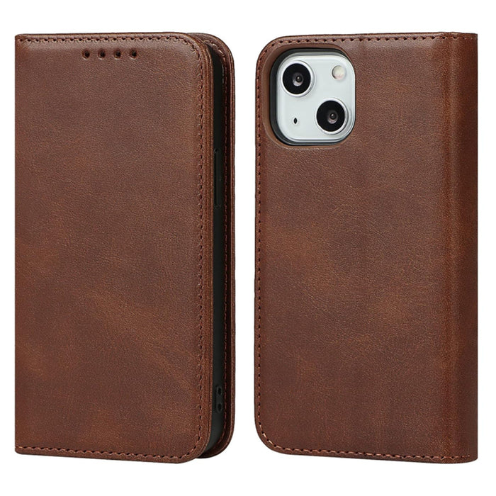 iPhone 15 Plus Flip Wallet Case - Brown 3 Card Slots - Cash Compartment - Magnetic Clip