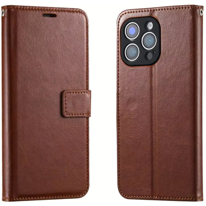 iPhone 15 Pro Max Flip Wallet Case - Brown 3 Card Slots - Cash Compartment - Magnetic Clip