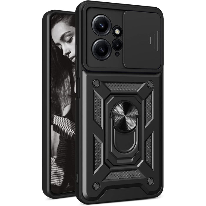 Redmi 12 LTE Rugged Kickstand Case - Black with Camera Cover Protection