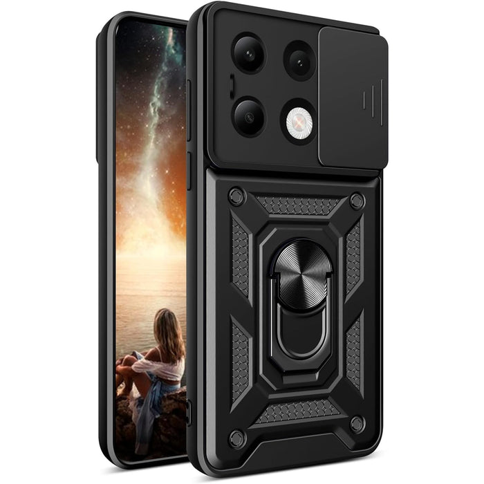 Redmi Note 13 LTE (2024) Rugged Kickstand Case - Black with Camera Cover Protection