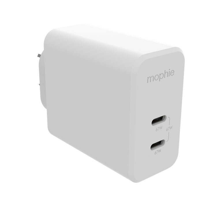 Mophie 67W Dual USB-C PD GaN Wall Charger - White Compact Size Up to 67W Fast Charging Apple iPhones Samsung Smart Phones Solid Construction