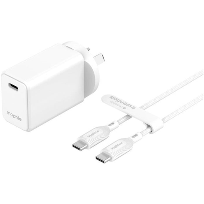 Mophie Essential 30W PD Single Port Wall Charger Bundle - White 1 USB-C Port 1M USB-C to USB-C Cable Up to 30W Fast Charging Apple iPhones Samsung Smart Phones Solid Construction