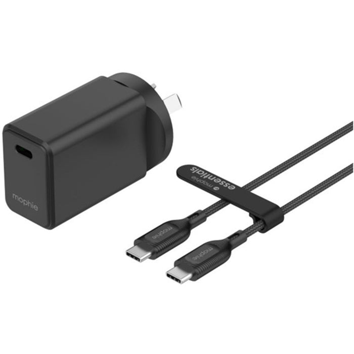 Mophie Essential 30W PD Single Port Wall Charger Bundle - Black 1 USB-C Port 1M USB-C to USB-C Cable Up to 30W Fast Charging Apple iPhones Samsung Smart Phones Solid Construction