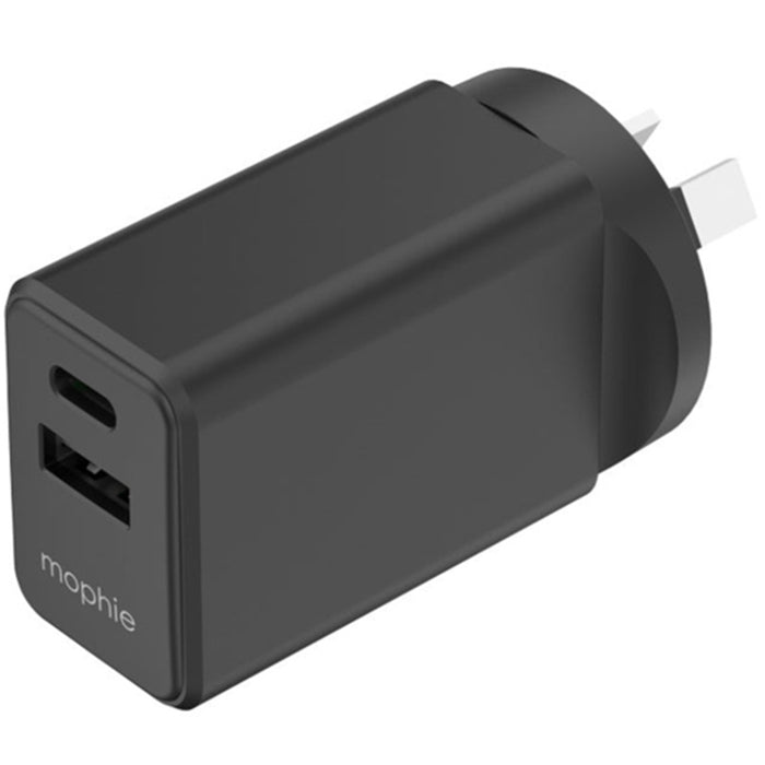 Mophie Essential 30W PD Dual Port Wall Charger - Black 1 USB-C PD 1 USB-A Up to 30W Fast Charging Apple iPhones Samsung Smart Phones Solid Construction