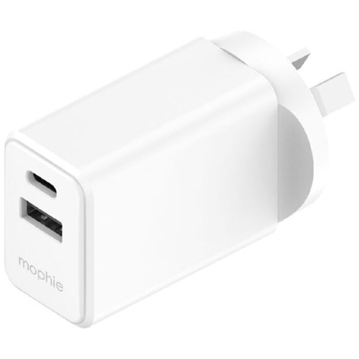 Mophie Essential 30W PD Dual Port Wall Charger - White 1 USB-C 1 USB-A Up to 30W Fast Charging Apple iPhones Samsung Smart Phones Solid Construction
