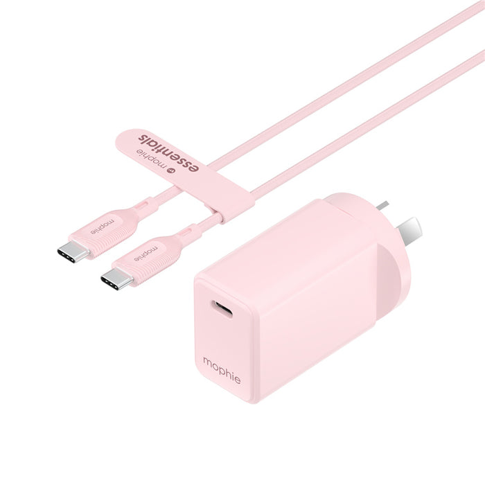 Mophie Essential 30W PD Single Port Wall Charger Bundle - Pink 1 USB-C Port 1M USB-C to USB-C Cable Up to 30W Fast Charging Apple iPhones Samsung Smart Phones Solid Construction