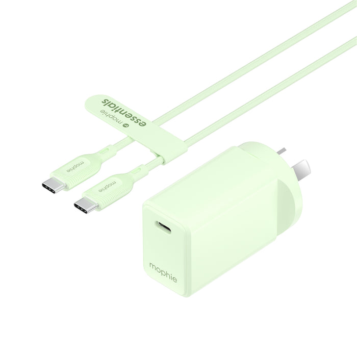 Mophie Essential 30W PD Single Port Wall Charger Bundle - Green 1 USB-C Port 1M USB-C to USB-C Cable Up to 30W Fast Charging Apple iPhones Samsung Smart Phones Solid Construction