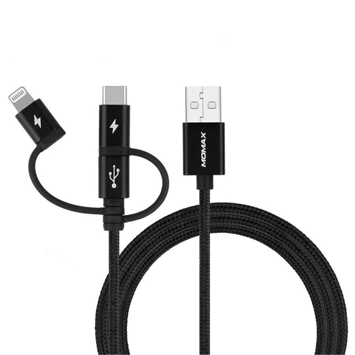 Momax 1m 3-in-1 Nylon Braided Charging Cable Black (USB-A to Micro/Lightning/USB-C) Apple MFi Certified Durable & Solid Supporting USB-C 3A Fast Charging