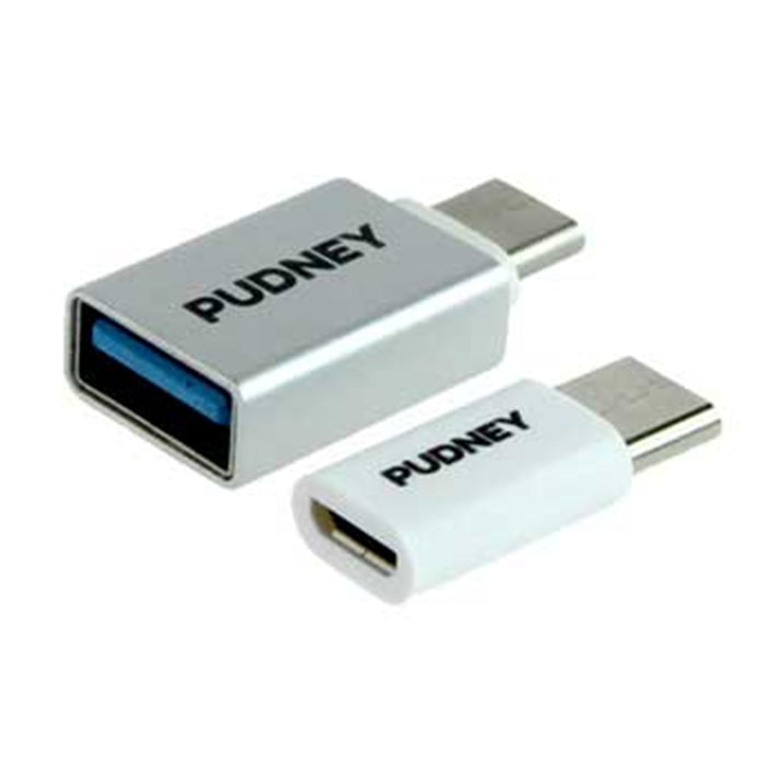 PUDNEY P1124 USB-C ADAPTOR KIT contains 2 adaptors (USB C Plug to USB Micro Socket and a USB C Plug to USB A Socket)