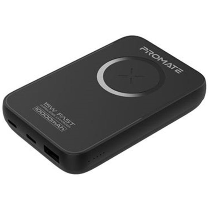 Promate POWERMAG-10P.BLK 10000mAh Magnetic Qi 15W Wireless Charging Power Bank - Black 1x 20W PD Quick Charge 3.0 Port - 2x USB-C Ports - Ultra-Small Portable Design - Non-Slip Surface