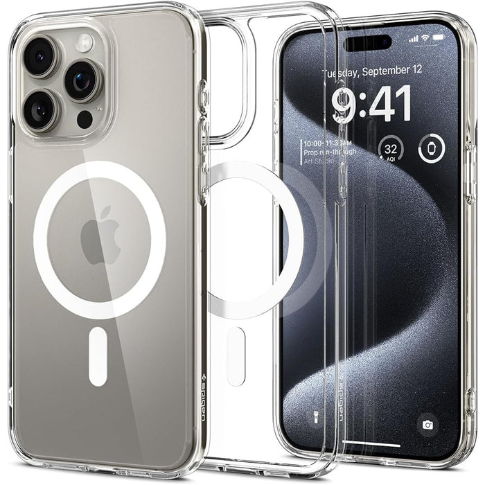 Spigen iPhone 15 Pro (6.1") Ultra Hybrid Magfit Case - Clear / Transparent Certified Military-Grade Protection - Clear Durable Back Panel + TPU Bumper - MagSafe Compatible - Clear Case with White Magfit Ring