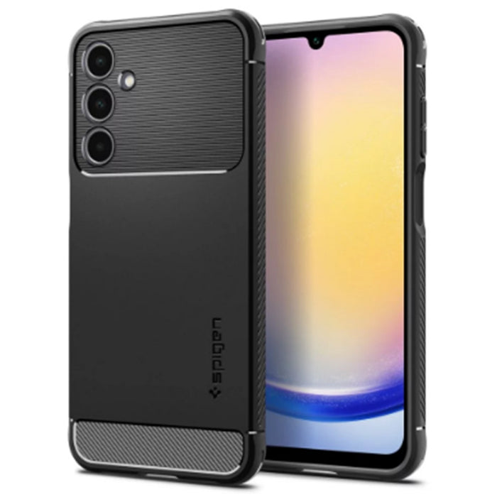 Spigen Galaxy A25 5G (2024) Rugged Armor Case - Matte Black Durable Mechanical Design - Air Cushion Technology (Military-Grade Protection) - Carbon Fiber Design