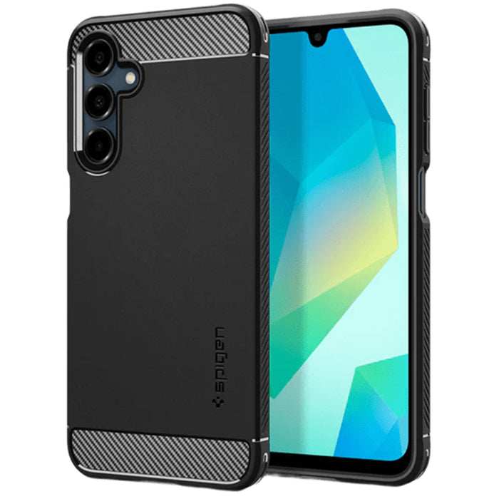 Spigen Galaxy A16 5G (2024) Rugged Armor Case - Matte Black Durable Mechanical Design - Air Cushion Technology (Military-Grade Protection) - Carbon Fiber Design