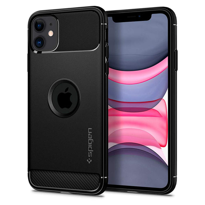 Spigen iPhone 11 (6.1") Rugged Armor Case - Black Durable Mechanical Design - Air Cushion Technology (Military-Grade Protection) - Carbon Fiber Design - 076CS27183