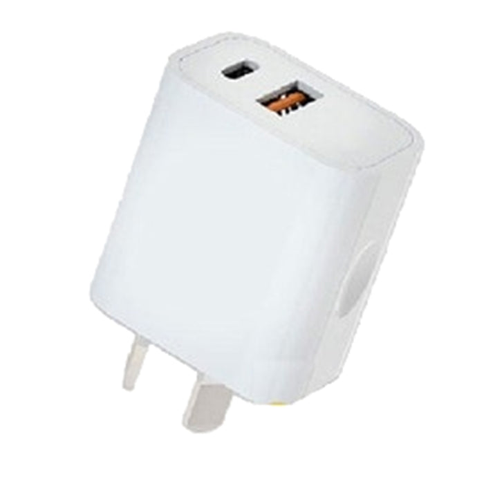 Sansai HW-311B 20W USB A+C Charger White SAA Approved With USB-A(QC3.0) & USB-C (PD3.0) outlets up to 20W for quick charging.