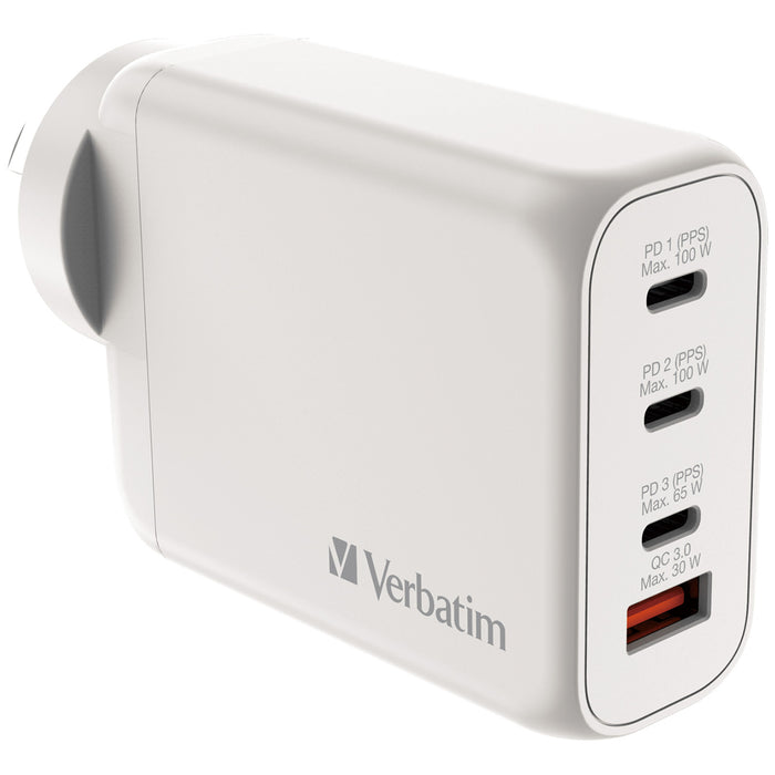 Verbatim 66966 GaN Charger 100W two USB-C PD 100W ports one USB-C PD 65W port and one USB-A QC 3.0 port