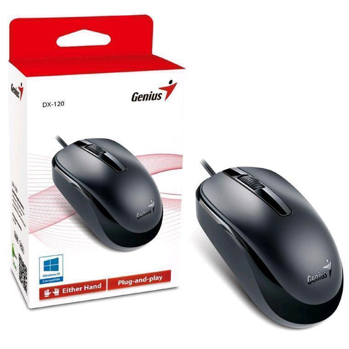 Genius DX-120 USB Wheel Mouse - Calm Black 3 Button Rounded Design - Optical Sensor - 1000 DPI - 1.5m - Windows & MacOS Compatible