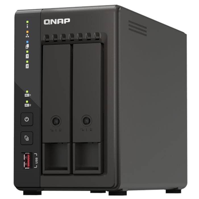 QNAP TS-253E-8G Home and Business 2-Bay Desktop NAS Server Intel Quad Core Celeron Upto 2.6GHz 8GB RamHot-swappable  2x 2.5GbE LAN PCIe Expansion Slot2x M.2 2280 PCIe slots  2x USB3.2 2x HDMI 2X USB 2.0 2 Years Warranty