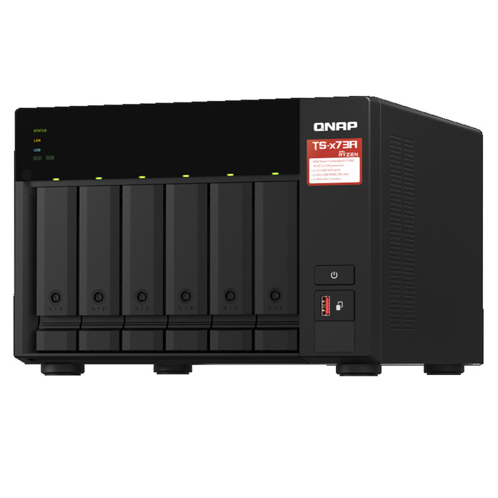 QNAP TS-673A-8G Business 6-Bay Desktop NAS Server AMD Ryzen V1500B 4C/8T 2.2GHz 8GB RAM (64GB Max) 2x M.2 2x 2.5GbE LAN 2x PCIe Expansion Slot 2x USB3.2 Gen2 1x USB Type-C 3 Years Warranty Come with 8 Camera License