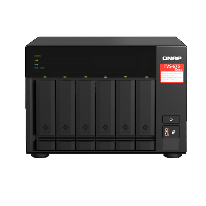QNAP TVS-675-8G Business 6-Bay Desktop NAS Server 8-core Upto 2.5GHz 8GB DDR4 (64GB Max) 2xM.2 2x2.5 GbE 2xPCIe 3x USB 1x HDMI 3 Years Warranty Come with 8 Cmaera Licenses