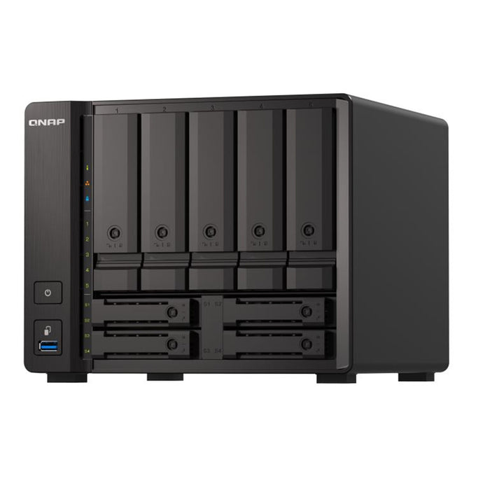 QNAP TS-h973AX-8G Business 9-Bay Desktop NAS Server AMD Ryzen V1500B 4C/16T 2.2GHz 8GB DDR4 (64GB Max) 5 x 3.5"+4 x 2.5" Sata/ U.2 NVMe PCIe Gen3 x4 SSD Hot-swappable 2x2.5GbE 1 x 10GBASE-T 3 Years Warranty Come with 8 Camera Licenses