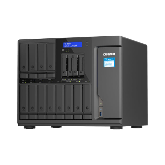 QNAP TS-1655-8G Business 16-Bay (12x 3.5" + 4x 2.5") Desktop NAS Server Intel 8 Core 2.8 GHz 8 GB DDR4 (128GB Max) 2x M.2 2x 2.5 GbE 3x PCIe 4x USB 3 Years Warranty Come with 2 Camera Licenses