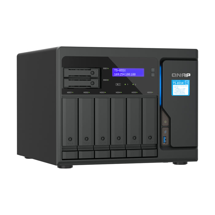 QNAP TS-855X-8G Business 8-Bay (6x3.5" + 2x 2.5") Desktop NAS Server Intel 8 Core Upto 2.8 GHz 8GB DDR4 (128GB Max) 2x M.2 2x 2.5 GbE 1x 10 GbE2x PCIe 4x USB 3 Years Warranty Come with 8 Cmaera Licenses