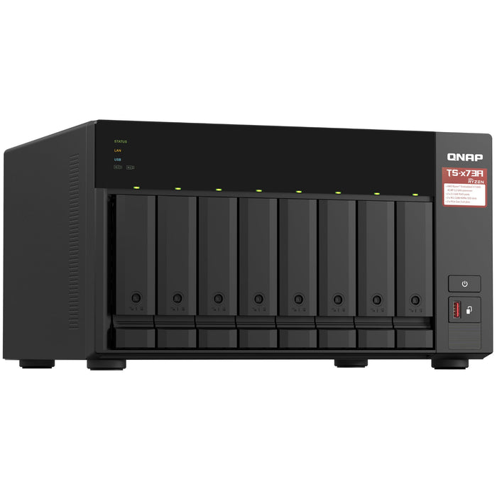 QNAP TS-873A-32G Business 8-Bay Desktop NAS Server AMD Ryzen V1500B 4C/8T 2.2GHz 32GB RAM (64GB Max) 2x M.2 2x 2.5GbE LAN 2x PCIe Expansion Slot 2x USB3.2 Gen2 1x USB Type-C 3 Years Warranty Come with 8 Camera License