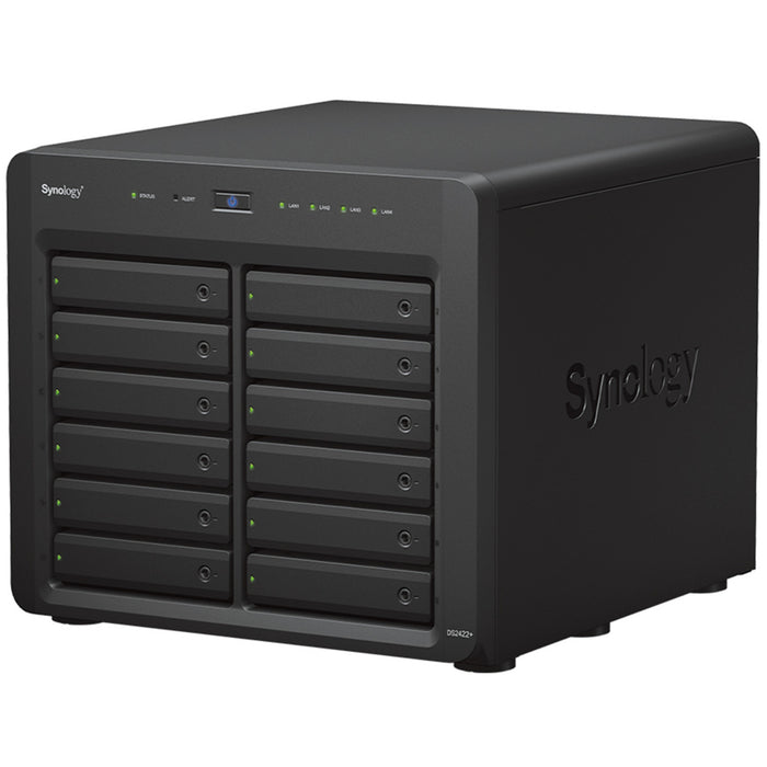 Synology DiskStation DS2422+ 12-Bay NAS Server AMD Ryzen V1500B Quad Core 2.2 GHz 4GB DDR4 ECC SODIMM (Upto 32GB) 2x USB 3.2 1x Expansion Port 4X 1GbE RJ-45. 3 Years Warranty