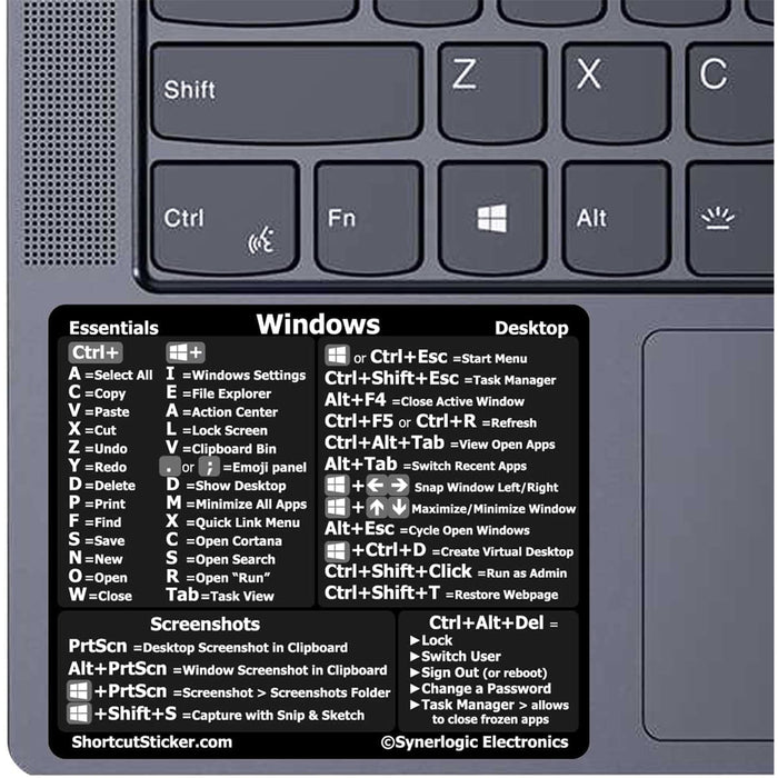 Windows PC/Laptop Reference Keyboard Shortcut Sticker - Black No-Residue Adhesive for Any PC Laptop or Desktop (1 PCS)