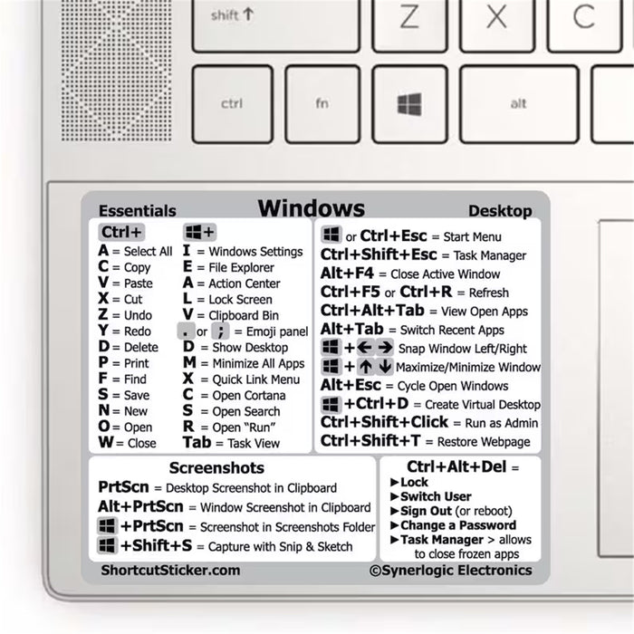 Windows PC/Laptop Reference Keyboard Shortcut Sticker - White No-Residue Adhesive for Any PC Laptop or Desktop (1 PCS)