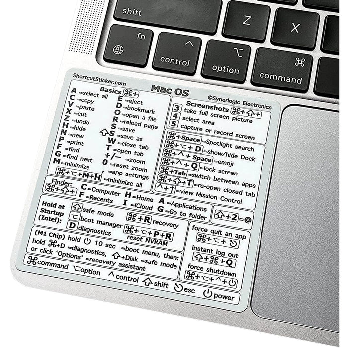 Mac OS Laptop Reference Keyboard Shortcut Sticker - White No-Residue Adhesive for 13-16-inch MacBook Air and Pro M1/M2 (1 PCS)