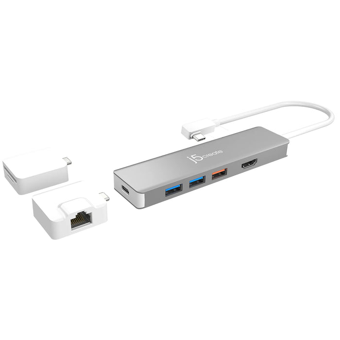 J5create USB-C 3.1 Gen.2 100W Power Delivery Modular Mini Docking Station 1x 4K HDMI 3x USB3.1 Gen.2 1x USB-C 3.1 Gen.2 1x 100W USB-C Power Delivery 1x Gigabit Ethernet Modular Kit 1x microSD SD UHS-II 312 mbps Card Reader